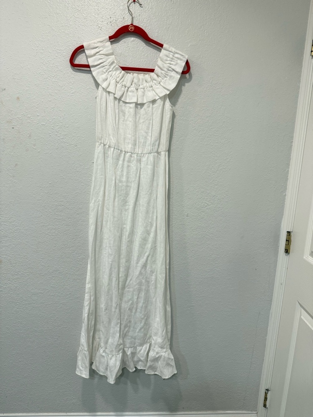 Reformation White Linen Midi Dress Ruffle Neck Sleeveless Cottagecore Summer sm